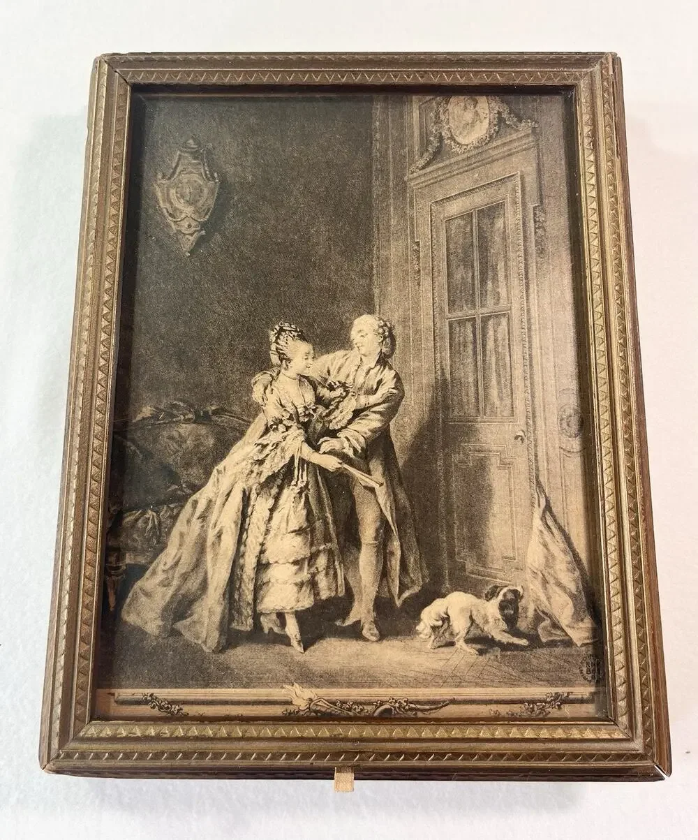 Antique Wooden Jewelry Box With Rococo Print